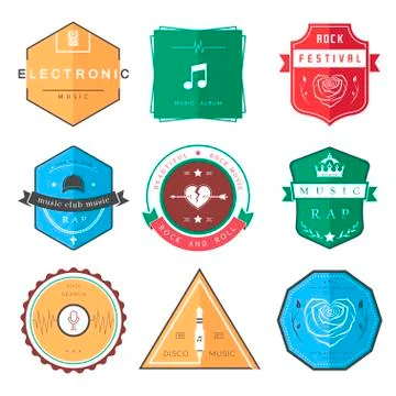 Vector Badges Rock, Rap, Classical and Disco Music Stock Illustration