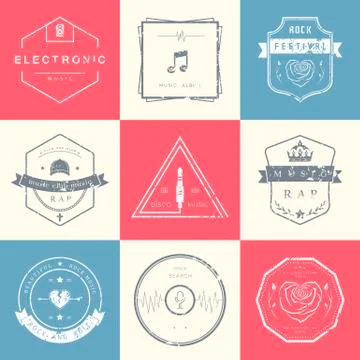 Vector Badges Rock, Rap, Classical and Disco Music Stock Illustration