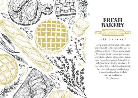 Vector bakery hand drawn illustration. Background with bread and pastry. Retro Stock Illustration