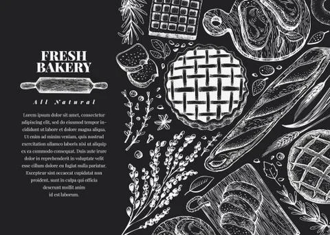 Vector bakery hand drawn illustration on chalk board. Background with bread and Stock Illustration