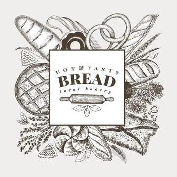 Vector bakery hand drawn illustration. Background with bread and pastry. Retro Stock Illustration