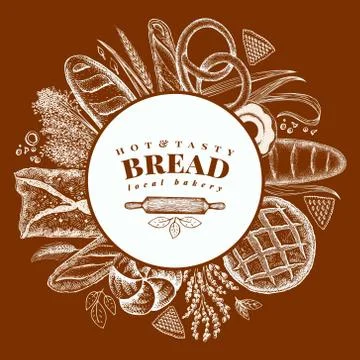 Vector bakery hand drawn illustration. Background with bread and pastry. Retro Stock Illustration