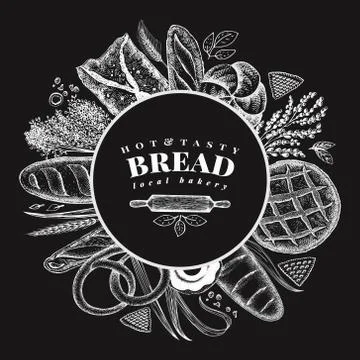 Vector bakery hand drawn illustration on chalk board. Background with bread and Stock Illustration