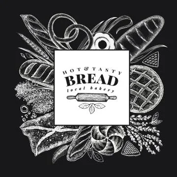 Vector bakery hand drawn illustration on chalk board. Background with bread and Stock Illustration