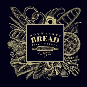 Vector bakery hand drawn illustration. Background with bread and pastry. Retro Stock Illustration