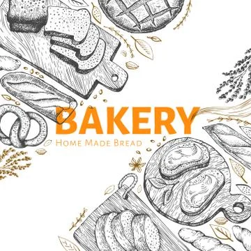 Vector bakery hand drawn illustration. Background with bread and pastry. Retro Stock Illustration