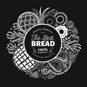 Vector bakery hand drawn illustration. Background with bread and pastry on chalk Illustrazione stock