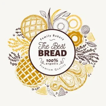 Vector bakery hand drawn illustration. Background with bread and pastry. Retro Stock Illustration