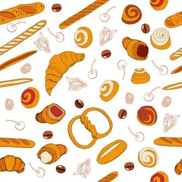 Vector bakery hand drawn seamless pattern on white background Stock Illustration