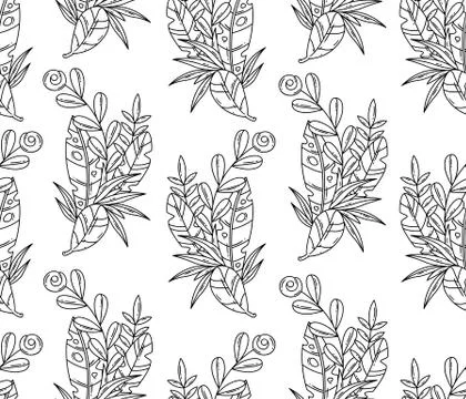 Vector balck and white seamless pattern of tropical leaves and flower. Stock Illustration