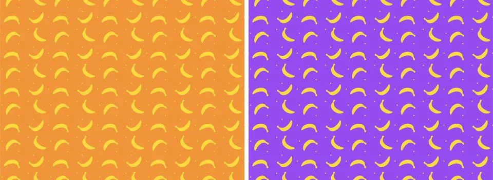 Vector banana seamless pattern on orange and purple background. Stock Illustration