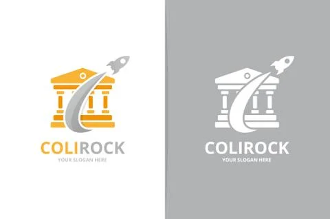 Vector bank and rocket logo combination. Column and airplane symbol or icon Illustrazione stock