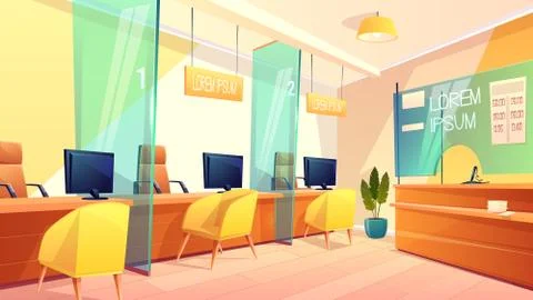 Vector bank office, counters for managers, clients Stock Illustration