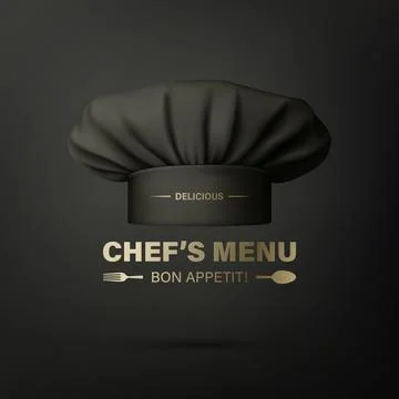 Vector Banner with 3d Realistic Black Chef Hat, Toque on Black Background. Cook Stock Illustration