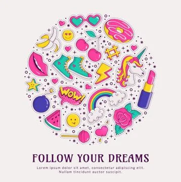 Vector banner with colorful patch badges. Illustrazione stock