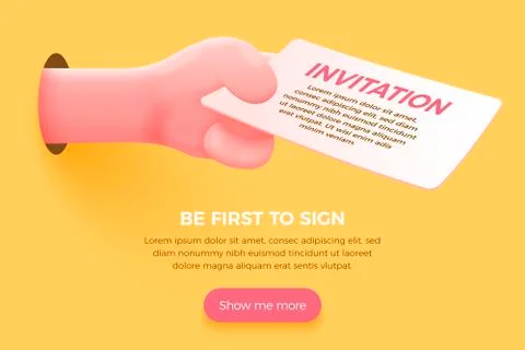 Vector banner concept - cartoon 3d realistic hand with invitation card Stock Illustration