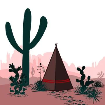 Vector banner with desert, tepee, cactus silhouetted mountains. Wild west. Ca Stock Illustration