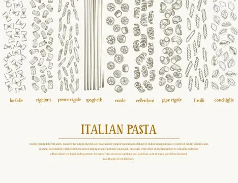 Vector banner with different types of traditional Italian pasta. Hand drawn Stock Illustration