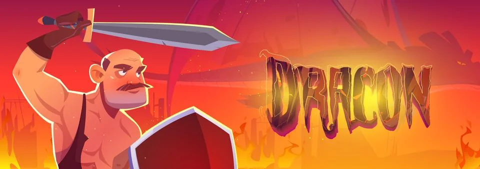 Vector banner with dragon and warrior Stock Illustration