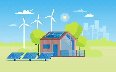 Vector banner Eco-friendly modern house, solar panels and windmills. In the Stock Illustration