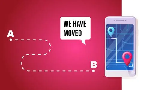 Vector banner featuring a We Have Moved announcement near smartphone with a.. 스톡 일러스트
