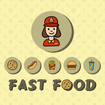 Vector banner in flat style fast food, icons jump, hot dog, burger, drink, .. Stock Illustration