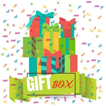 Vector banner with gift boxes and confetti. Holiday colored present with ribbon Stock Illustration