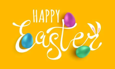 Vector banner with hand drawing lettering of Happy Easter and colorful eggs. Stock Illustration