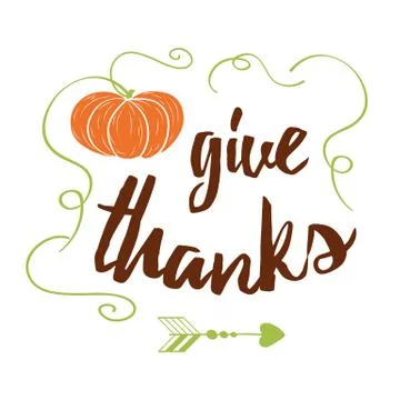 Vector banner with hand drawn orange pampkin and text Give Thanks on white ba Stock Illustration