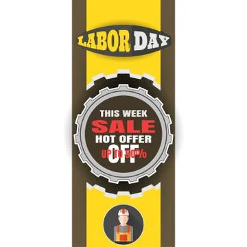 Vector banner of Happy Labor Day sale with label of gear cut from paper, ye.. Stock Illustration