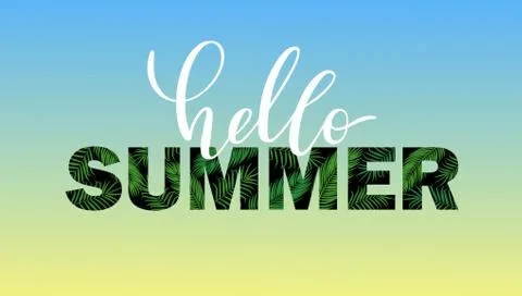 Vector banner Hello Summer with tropic palm leaves text. Stock-Illustration