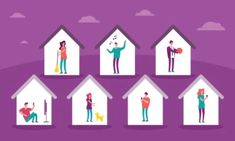 Vector banner with homes with people inside Illustrazione stock