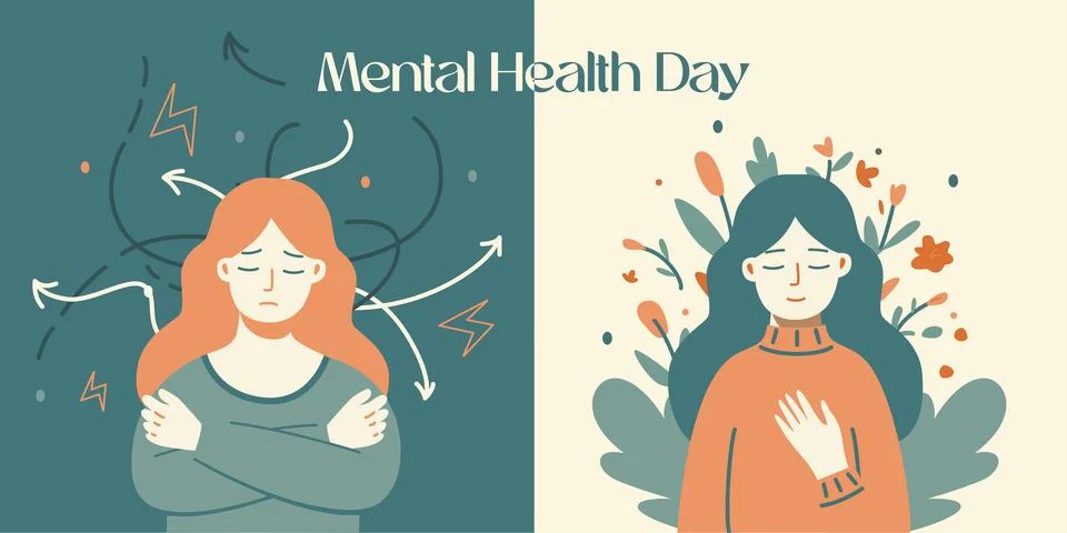 Vector banner with illustrations showing different psychological states Illustrazione stock