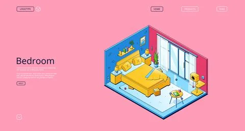 Vector banner with isometric bedroom interior Stock Illustration