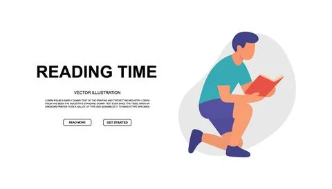Vector banner with kneeling man reading and bold READING TIME title. Clean flat Stock Illustration
