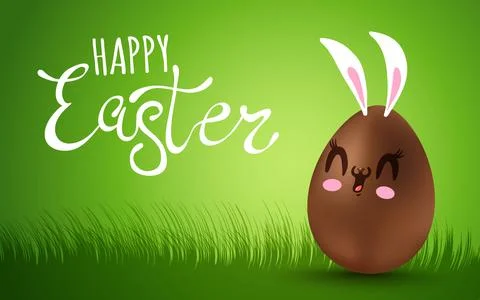 Vector banner with lettering Happy Easter and chocolate egg with kawaii face. Stock Illustration