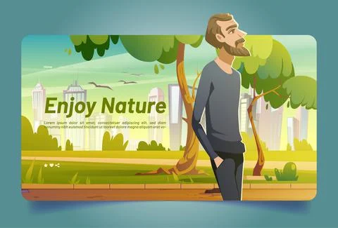 Vector banner with man walking in city park Ilustración de archivo