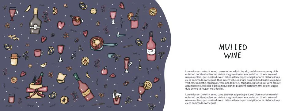 Vector banner of mulled wine elements and objects. Template in doodle style. Illustrazione stock