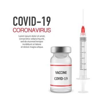 Vector Banner or Placard with 3d Realistic Bottle and Syringe. COVID-19 Stock Illustration