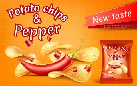 Vector banner with potato chips and chili pepper Illustrazione stock