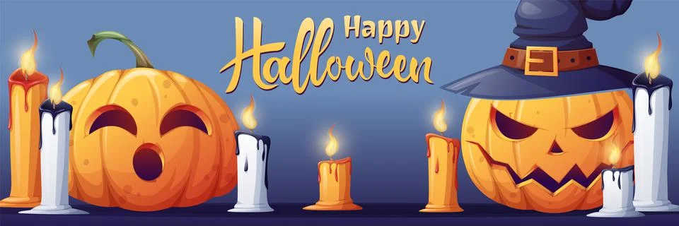 Vector banner with a pumpkin in a hat and Halloween candles. Postcard for the Stock Illustration