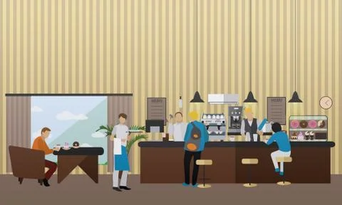 Vector banner with restaurant interior. People having lunch in cafe and bar Stock Illustration