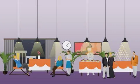 Vector banner with restaurant interior. People having dinner in cafe. Party Stock Illustration