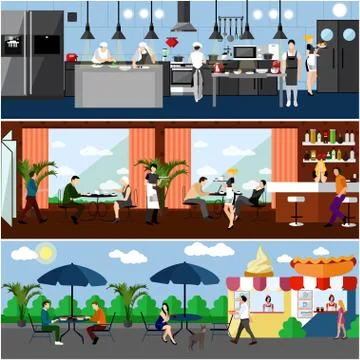 Vector banner with restaurant interiors. Kitchen, dining room and street cafe Stock Illustration