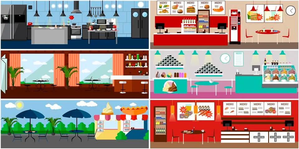 Vector banner with restaurant interiors. Kitchen, dining room, street cafe and Ilustración de archivo