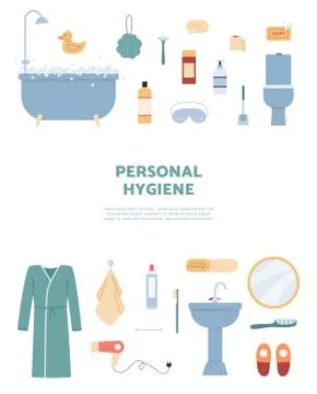 Vector banner with set elements for personal hygiene and body care in bathroom Stockillustratie