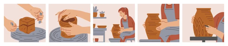 Vector banner with a set of illustrations of the process of making ceramic di Stock Illustration