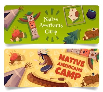 Vector banner set with wigwam, canoe, indian, campfire, totem, map, trees Stock Illustration