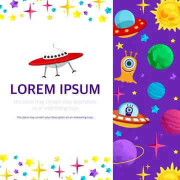 Vector banner on a space theme with planets, UFOs and aliens. Empty space for Stock Illustration