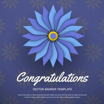 Vector banner template with blue flower, yellow dot, "Congratulations" letter Stock Illustration